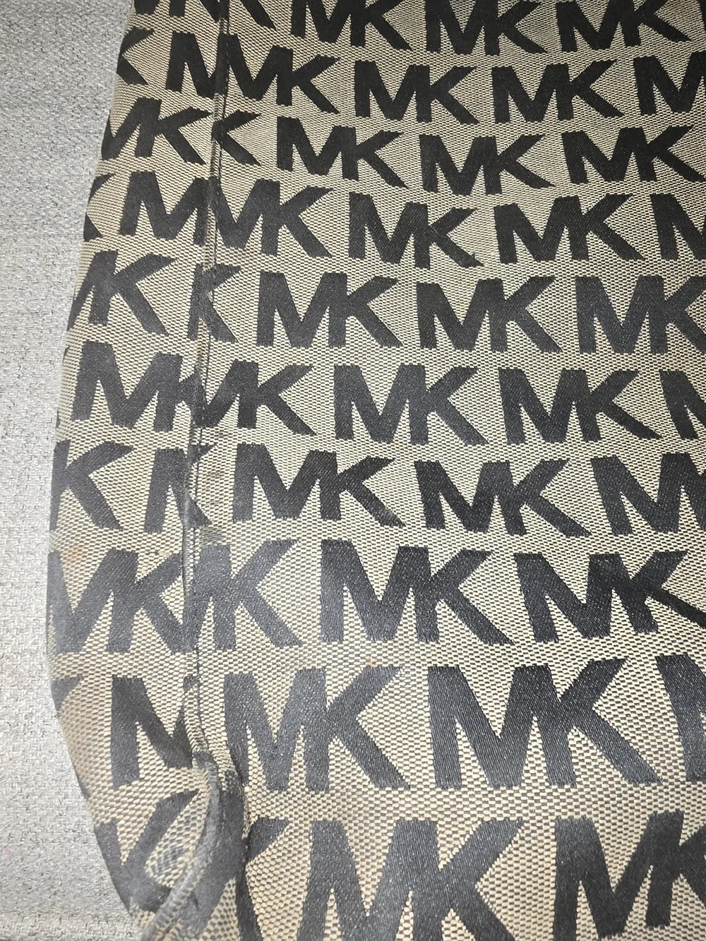Michael Kors Tan Canvas MK Logo Tote with Black Print Used Large Travel